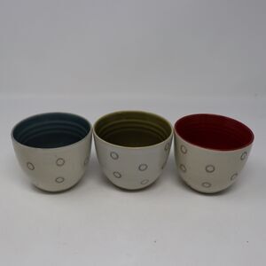 Set Of 3 Pier 1 Sake Tea Cups Red Blue Off-White Stoneware Circles 5 OZ